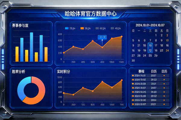 哈哈体育官方数据中心大屏展示界面，包含各类赛事数据图表与赛程日历